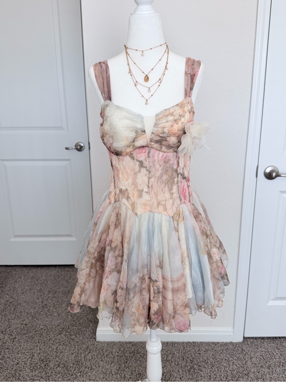 Floral Chiffon Fit-and-Flare Dress in Pastel Multicolor